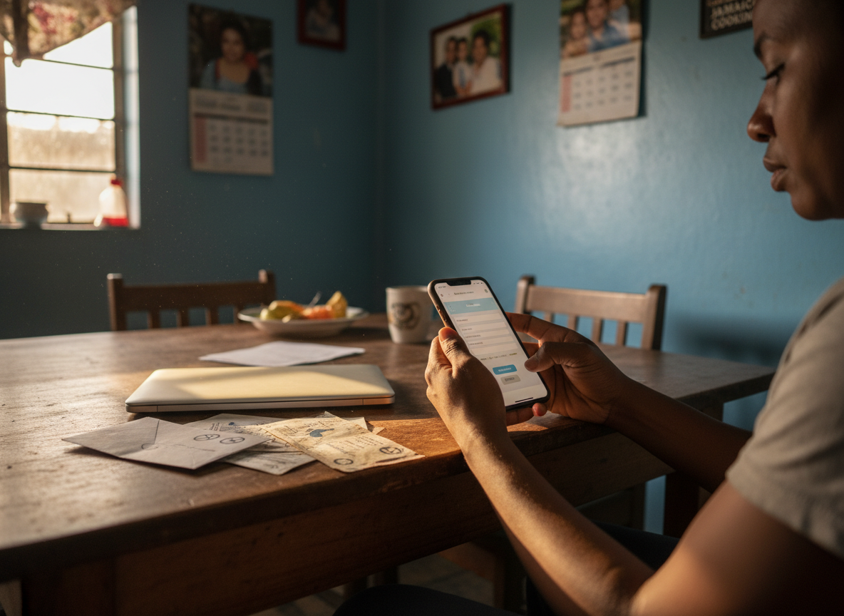 A homeowner uses a smartphone at a kitchen table to complete an online application