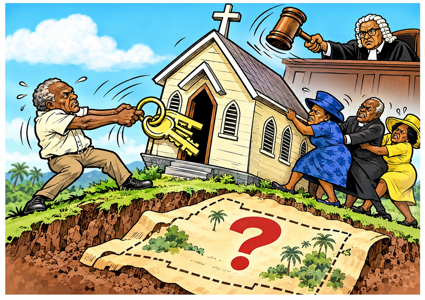 Illustration of a dispute over a Jamaican church property, showing a man holding the church keys while members of the congregation pull in the opposite direction. A judge’s gavel represents the court’s intervention, while the large question mark over the land below reflects the unresolved issue of who actually owns the property.