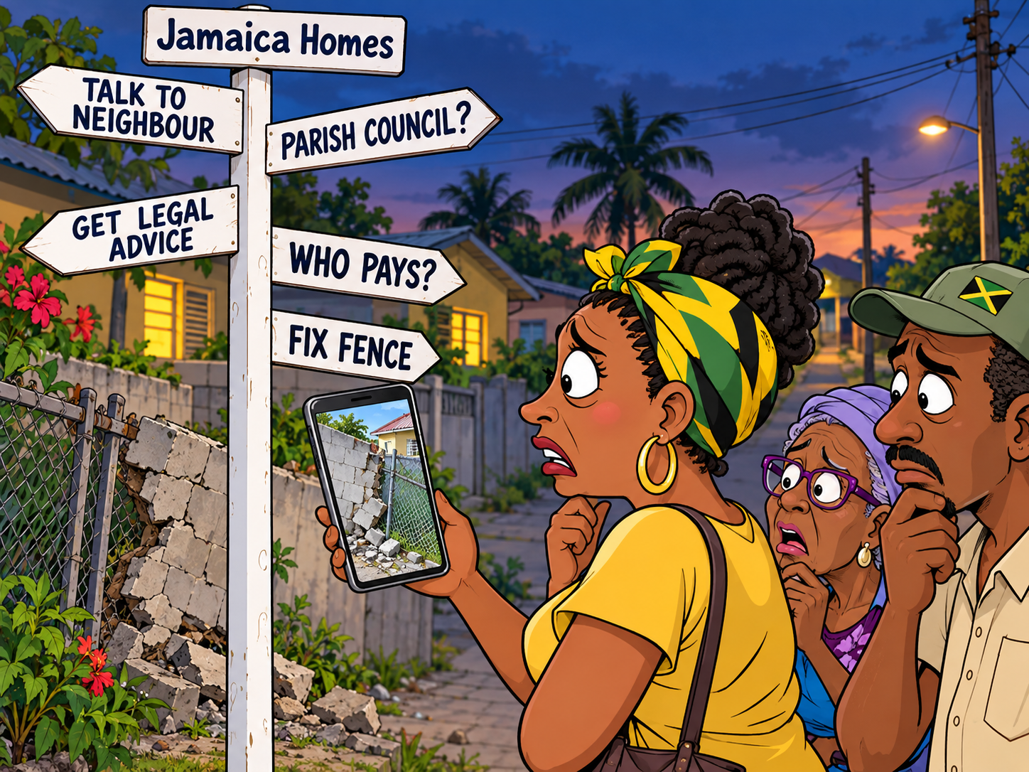 A Jamaican homeowner looks on anxiously as a neighbour’s crumbling concrete wall leans into and damages her boundary fence, while family members gather behind her trying to work out what to do next. A signpost points towards possible options including speaking to the neighbour, contacting the parish authorities, seeking legal advice and determining who is responsible for the repairs. The illustration reflects a familiar property dispute in Jamaica, where deteriorating boundary walls, unclear responsibility and damage spreading from one property to another can quickly turn a simple maintenance issue into a costly neighbourhood disagreement.