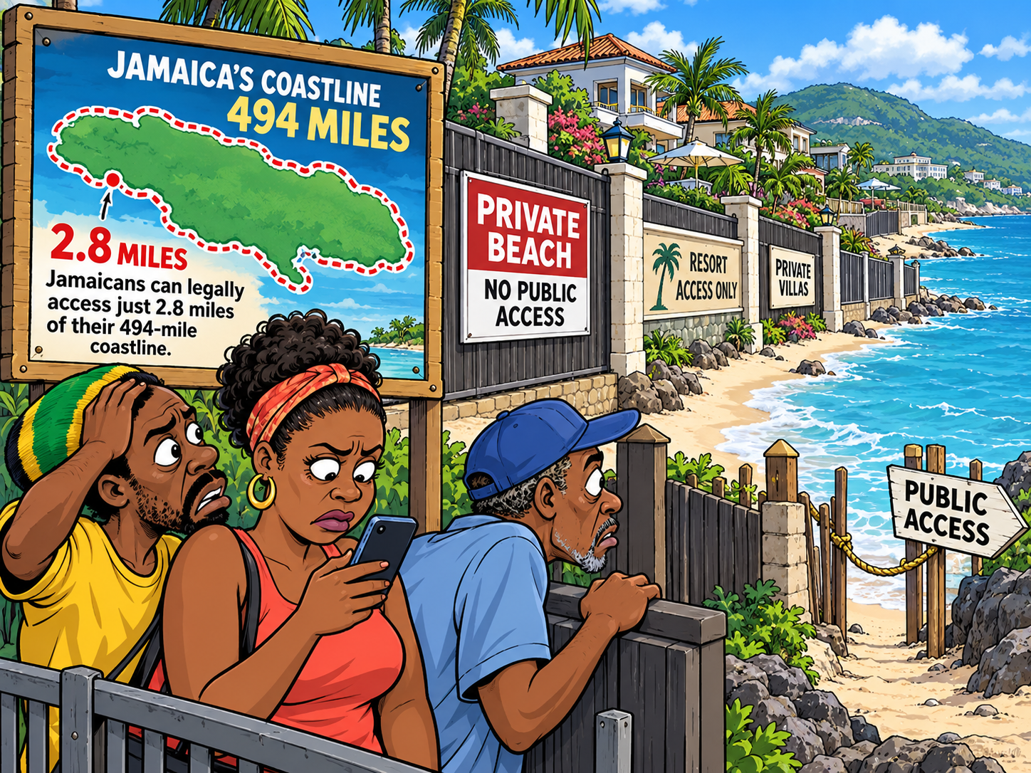 A tiny public access point sits beside a long stretch of gated Jamaican coastline, illustrating the claim that Jamaicans can legally access just 2.8 miles of the island’s 494-mile coastline.