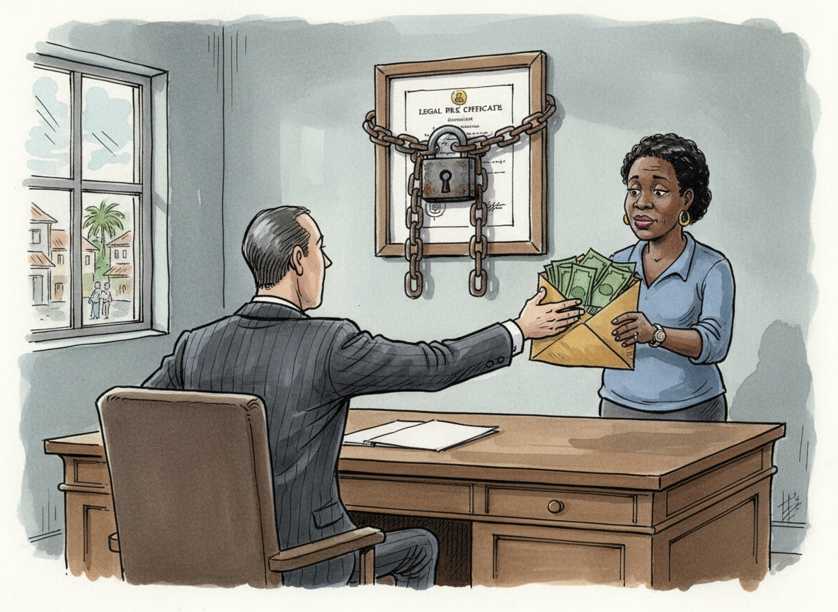 A lawyer seen from behind accepts an envelope of money while his framed certificate on the wall is chained and padlocked.