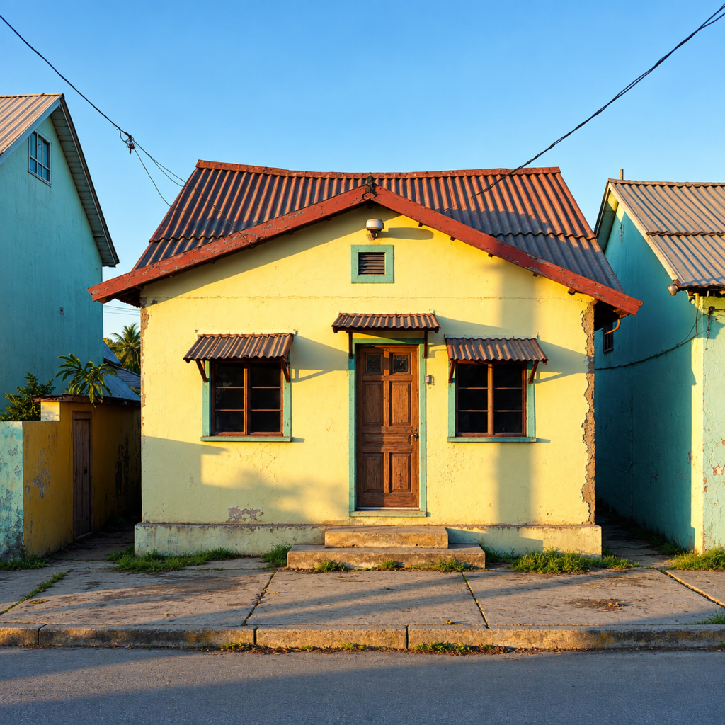 What Happens to Your House When You Die? What Jamaican Homeowners Need to Know A dilapidated, modern-day Spite house in Kingston, Jamaica, its worn, pastel-hued façade a testament to the Caribbean's rich cultural heritage, stands alone or perhaps adjoins a neighboring structure, its irregular architecture a rebellious statement against conformity. Captured as a cinematic film still, shot on a v-raptor XL camera, the image exudes a tactile, filmic quality, with noticeable grain and a subtle vignette that draws the viewer's eye to the heart of the scene. The color palette is deliberately graded to evoke a sense of nostalgia and drama, with post-processing enhancements that amplify the atmospheric tension. The warm, golden light of the Jamaican sun casts long shadows across the structure's façade, imbuing the scene with a sense of history and narrative depth