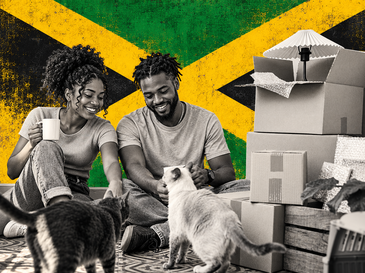 A young Jamaican couple settle into a new home surrounded by moving boxes, a simple image of fresh starts, homeownership and building a future in Jamaica.