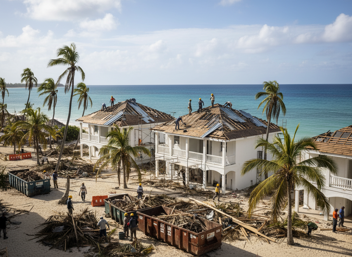 Workers repairing roofs and clearing debris at a beachfront resort