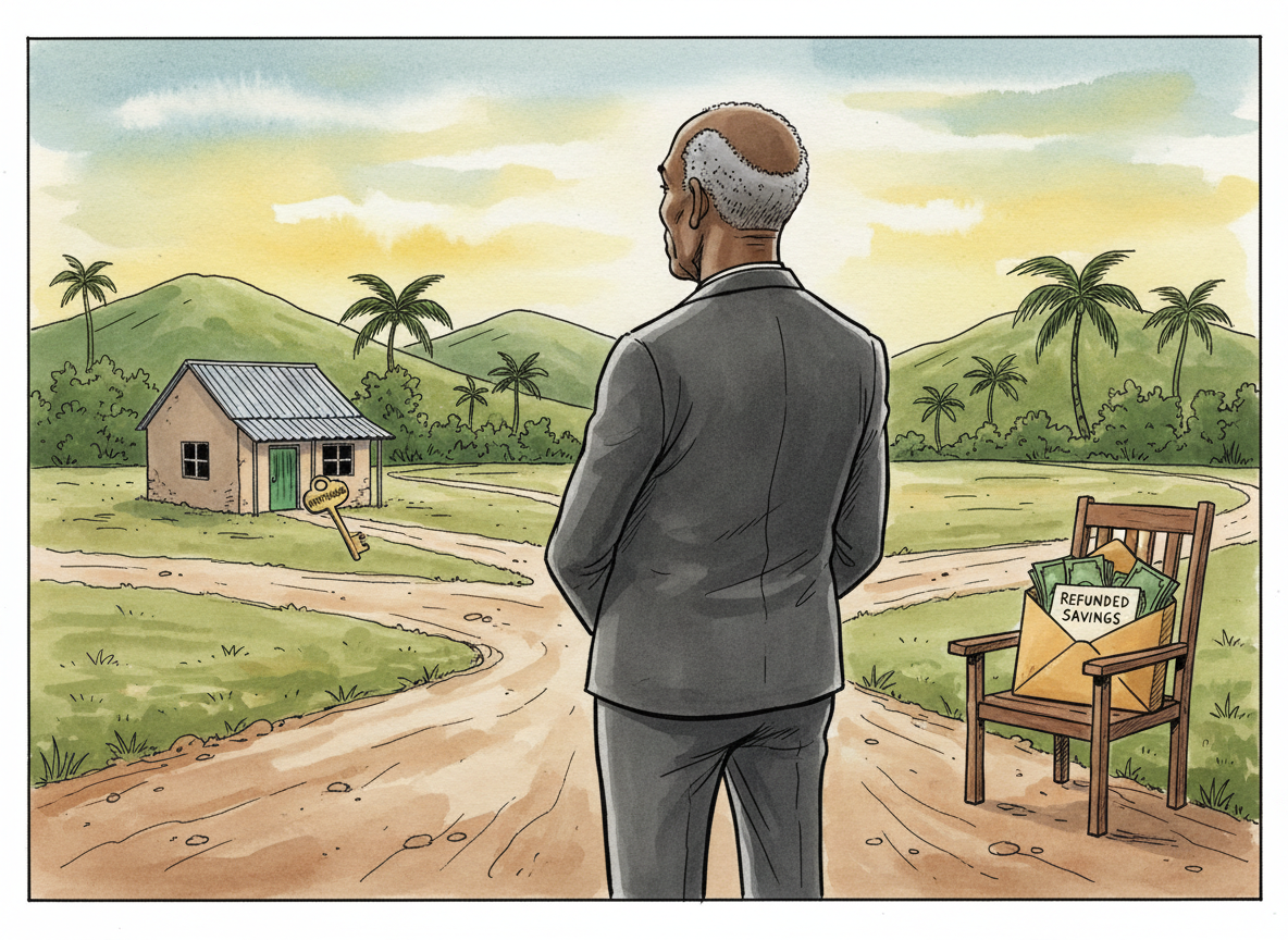 A watercolour cartoon of an older worker at a crossroads between a house with a key and an envelope of savings on a veranda.