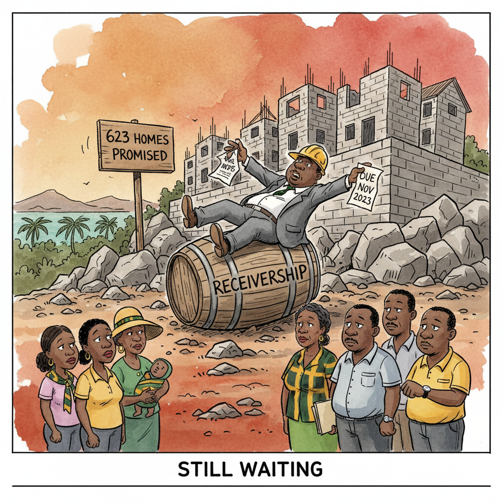 Editorial cartoon on an orange-red wash: a flustered man in a suit tumbles backwards over a rolling barrel labelled "RECEIVERSHIP", clutching a paper reading "DUE NOV 2023". Behind him on a rocky hillside stand unfinished concrete house frames and a sign reading "623 HOMES PROMISED", while Jamaican families with house keys and folders wait. A caption strip at the bottom reads "STILL WAITING".
