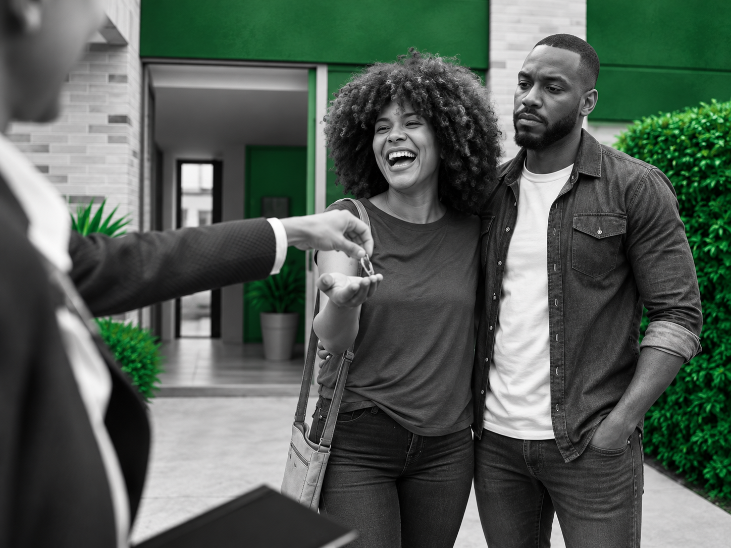 A joyful new homeowner receives the keys to her property, while her partner’s more cautious expression reflects the mixed emotions that can come with one of life’s biggest financial commitments.