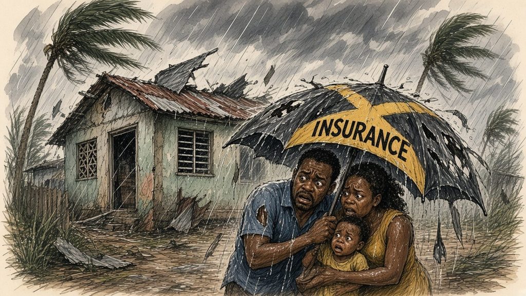 Editorial cartoon of a soaked, frightened Jamaican family huddled under a torn umbrella labelled Insurance, full of holes that let the rain pour through, as a hurricane rips the zinc roof off their house behind them.