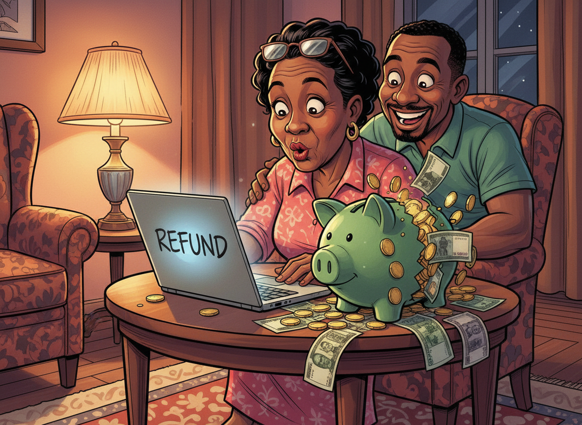 Cartoon: a Jamaican woman at her laptop is amazed as a piggy bank bursts with money beside her, the word REFUND on the screen