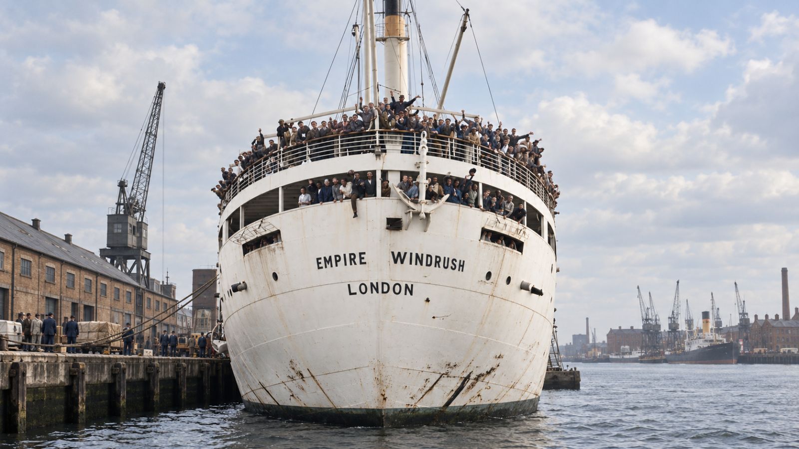 Colourised, enhanced and expanded into a landscape format while preserving the Empire Windrush name and historical character.