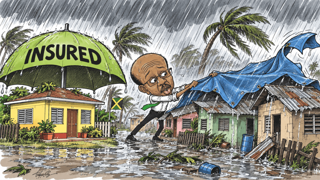 A Jamaican homeowner struggles against wind and rain to stretch a tarpaulin across several exposed homes, while a single house sits safely beneath an umbrella marked “INSURED”. The illustration highlights the stark reality that only about 20 per cent of residential properties in Jamaica are insured, leaving the overwhelming majority of households to face hurricanes, floods and other disasters largely on their own.