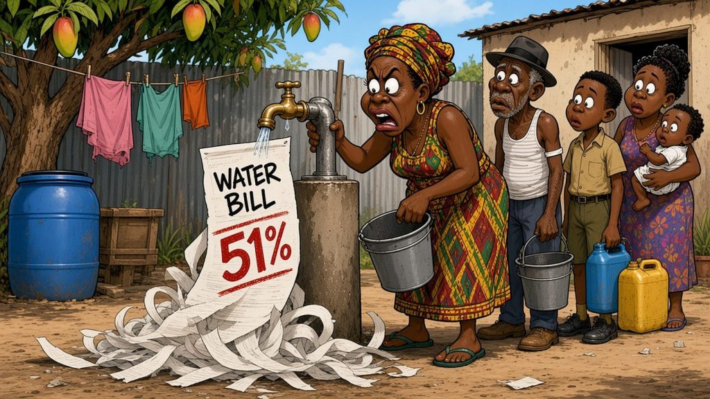 Editorial cartoon of a Jamaican tenement yard where a woman holds an empty bucket under a standpipe that gives only a trickle, while a long paper water bill stamped 51% piles up on the ground and neighbours wait with empty buckets.