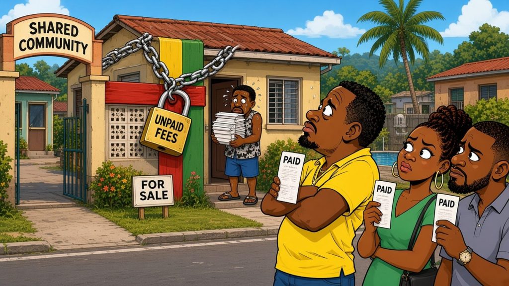 Editorial cartoon of a Jamaican gated community where one townhouse is wrapped in a giant chain and padlock tagged UNPAID FEES with a FOR SALE sign, as three neighbours holding PAID receipts look on.