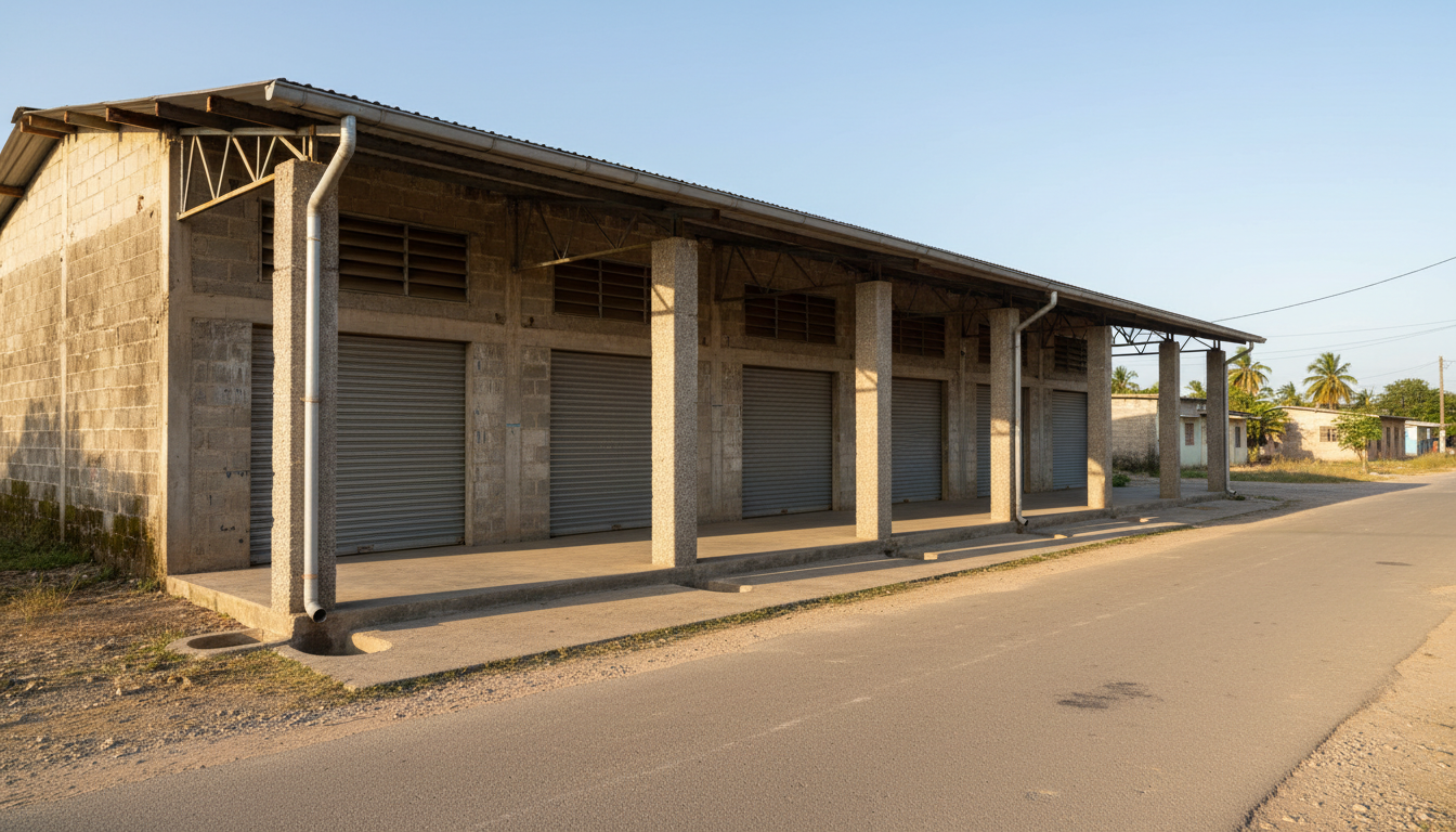 Jamaican makers workshop with a shaded concrete arcade, steel roof trusses and four practical work bays.
