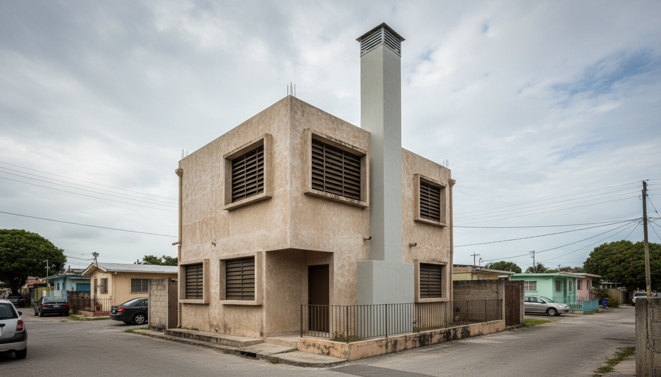 A compact Jamaican masonry home with a tall louvred ventilation chimney rising above a low flat roof and shaded windows.