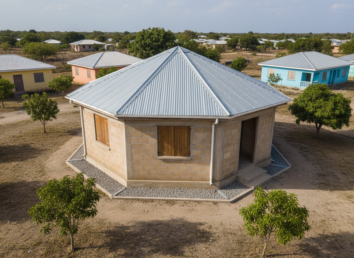 Octagonal single-storey Jamaican home with eight-sided hipped galvanized roof, ochre masonry walls and shuttered windows.