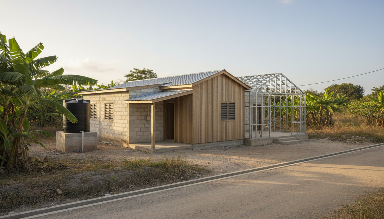 A compact Jamaican starter home with a finished masonry living core and an adjoining clearly framed future expansion bay.