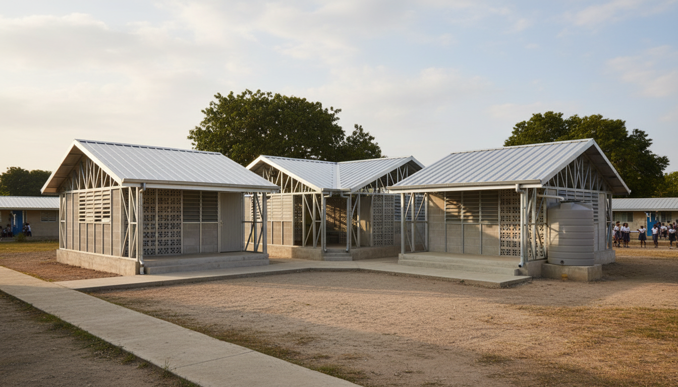 Three modest modular Jamaican school classrooms with engineered steel frames, pitched metal roofs and a shared shaded learning courtyard.