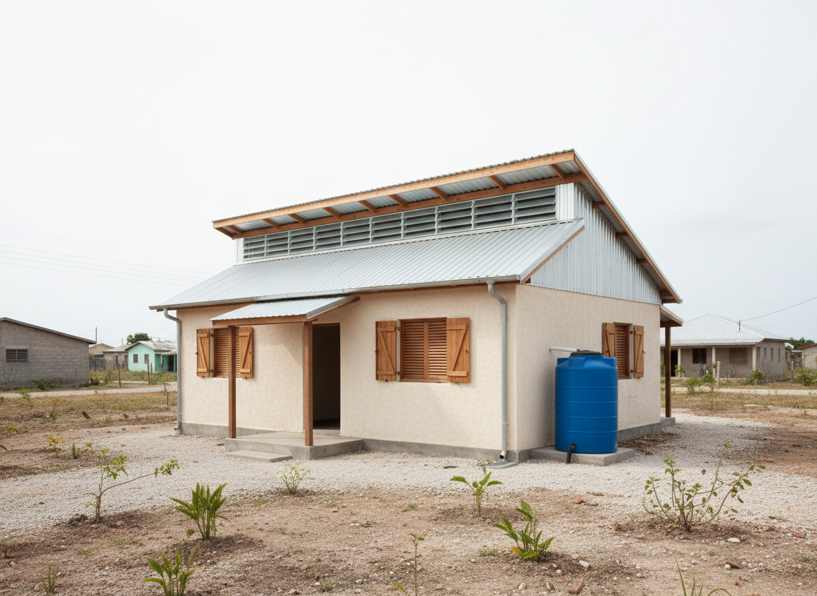 Compact Jamaican house with stepped sawtooth galvanized roof, protected high clerestory windows and a shaded entry veranda.