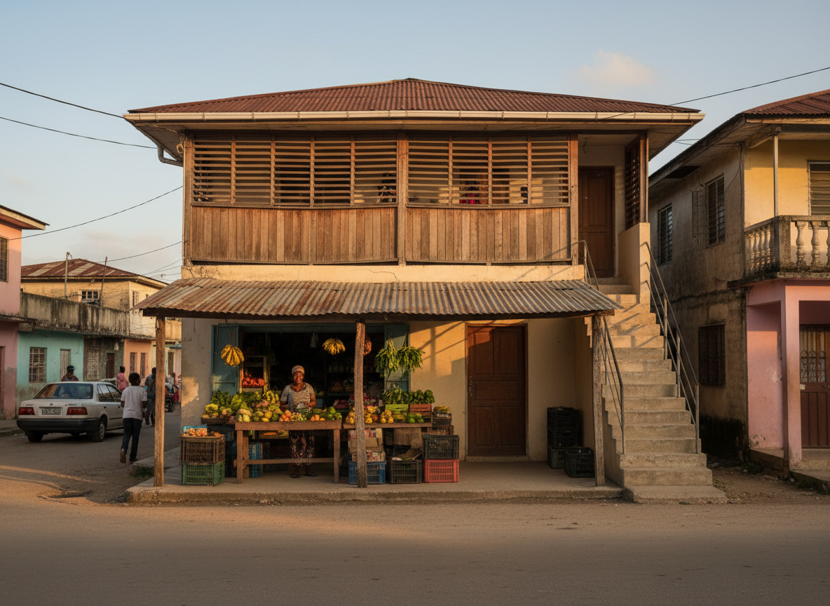 A modest Jamaican two-storey town building with a shaded ground-floor shop and independent upstairs family home.