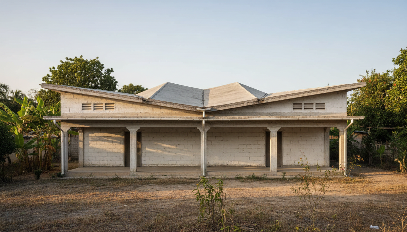 Compact Jamaican home with a shallow folded concrete roof of four angular planes over a simple masonry rectangle and shaded clerestory openings.