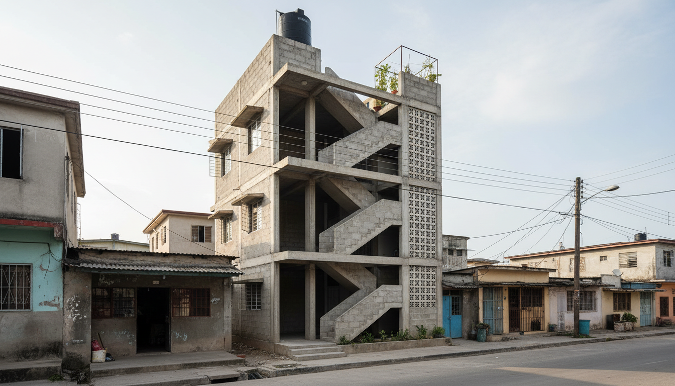 A slender four-storey Jamaican urban infill house with a shaded external stair, breezeblock facade and small planted roof terrace.