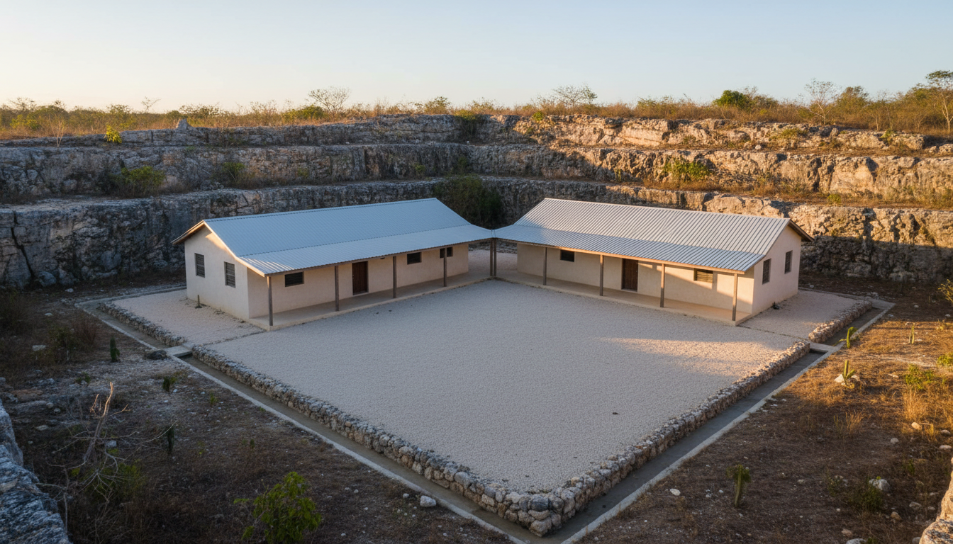 Low one-storey Jamaican limestone house beside a disused stepped quarry wall, with gravel courtyard, pale masonry and a light metal roof.