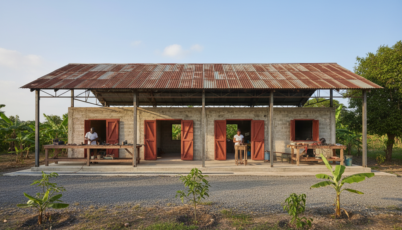 Weathered Jamaican agricultural packing shed adapted into modest live-work rooms, with exposed steel trusses, repaired corrugated roof and shaded workshop veranda.