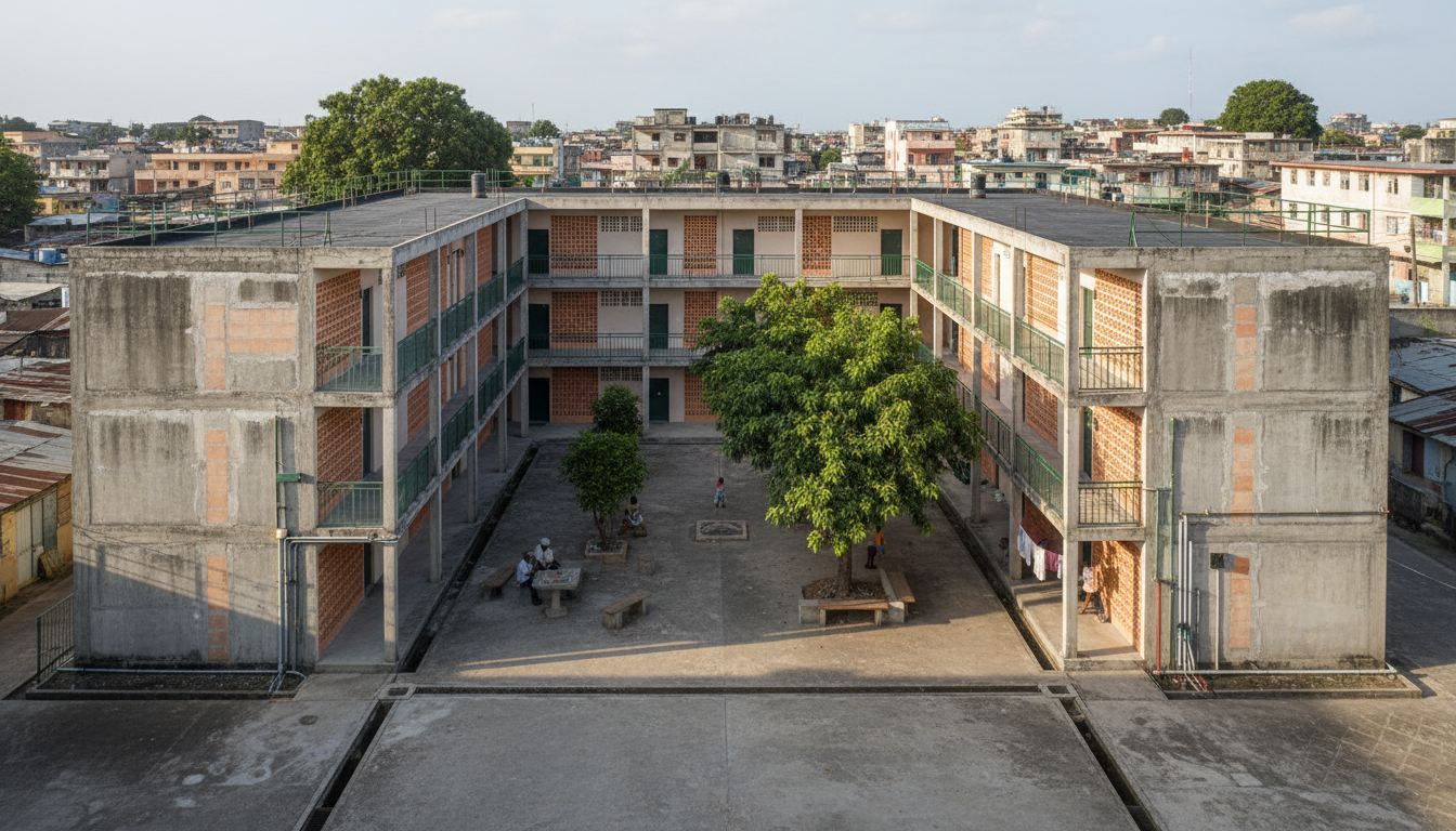 A rehabilitated four-storey Kingston concrete housing block around a shaded communal court, with repaired access galleries and screened balconies.