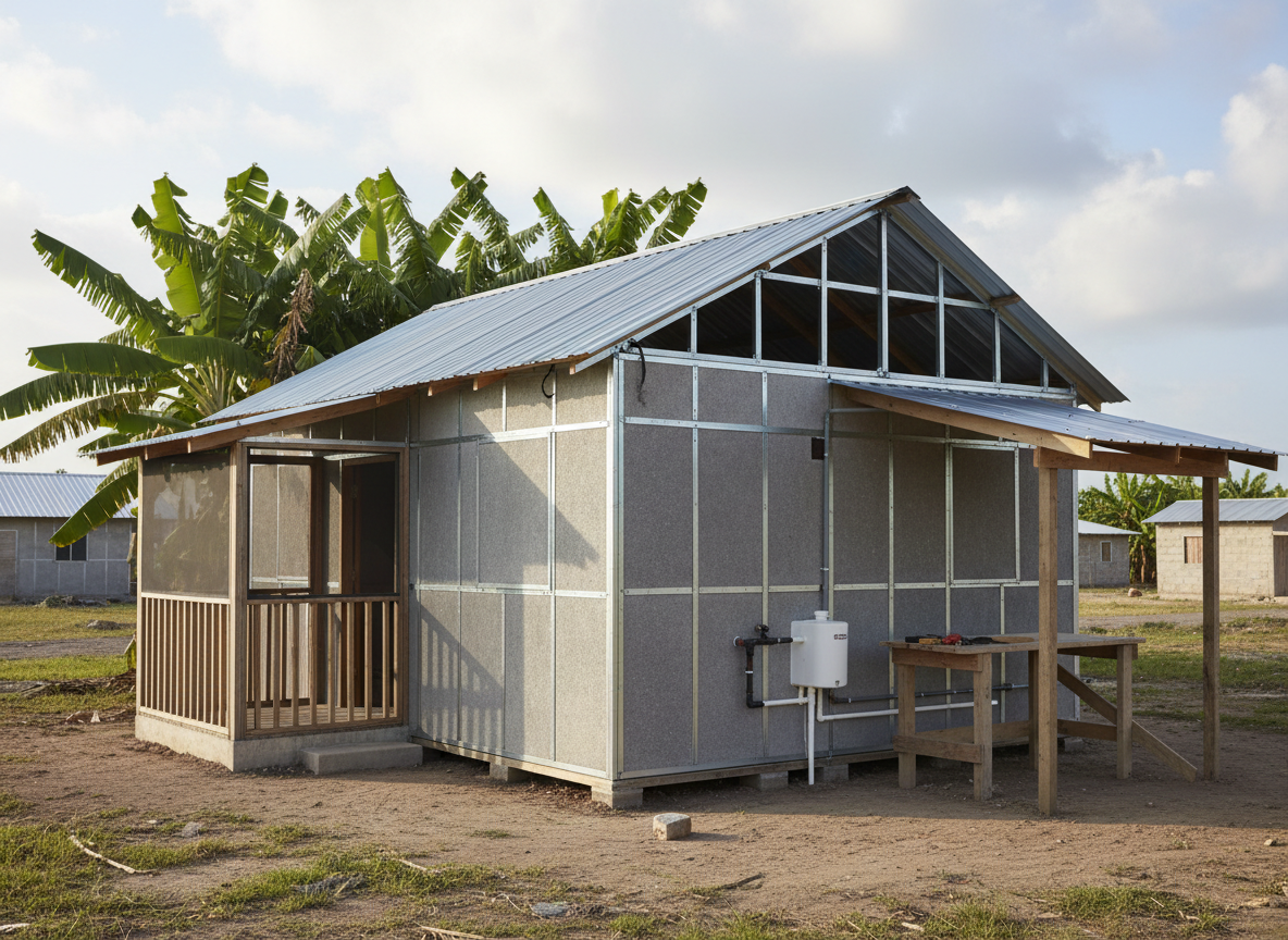 A modest Jamaican home with exposed galvanized structural frame, replaceable wall panels, a screened porch and a water tank.