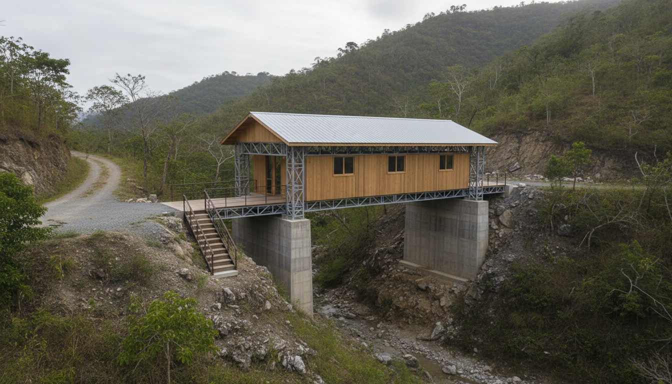 A narrow steel-framed Jamaican hillside house spanning between two concrete abutments above a steep, vegetated slope.