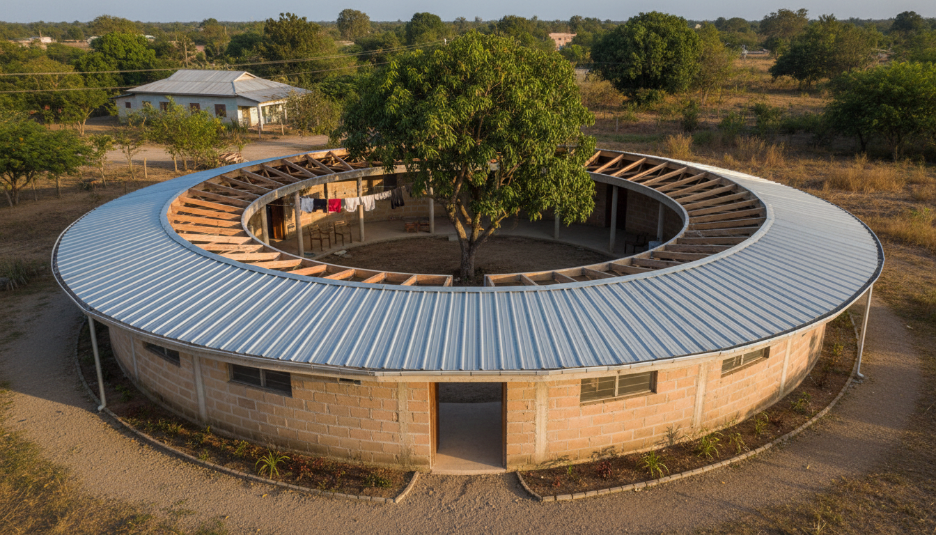 A circular, low single-storey Jamaican family home surrounding an open planted courtyard, with a faceted metal roof and shaded inner veranda.