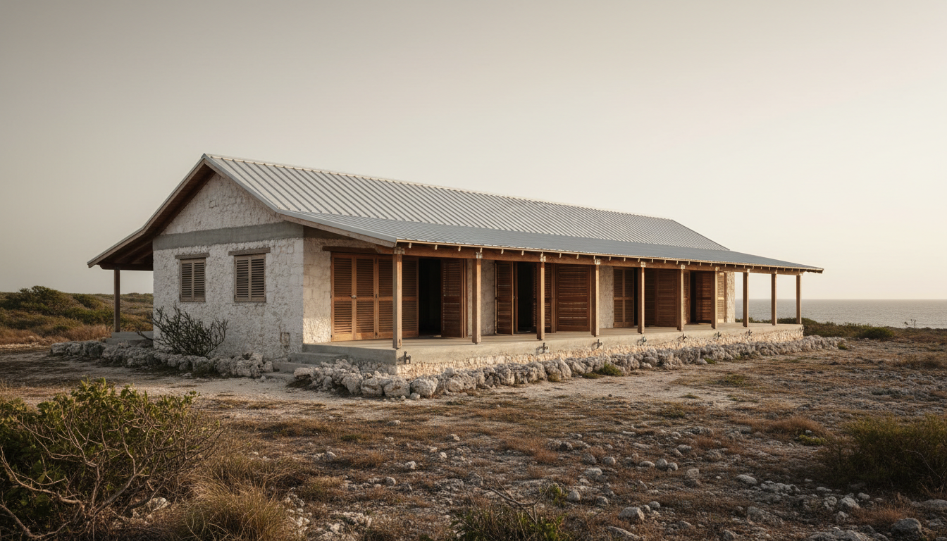A low coastal Jamaican home with a thick masonry core and folding timber storm shutters opening onto a shaded seaward terrace.