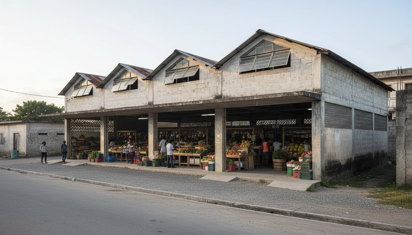 An old Jamaican concrete warehouse reused as a small public market with repaired sawtooth roof, timber vendor stalls and open side ventilation.