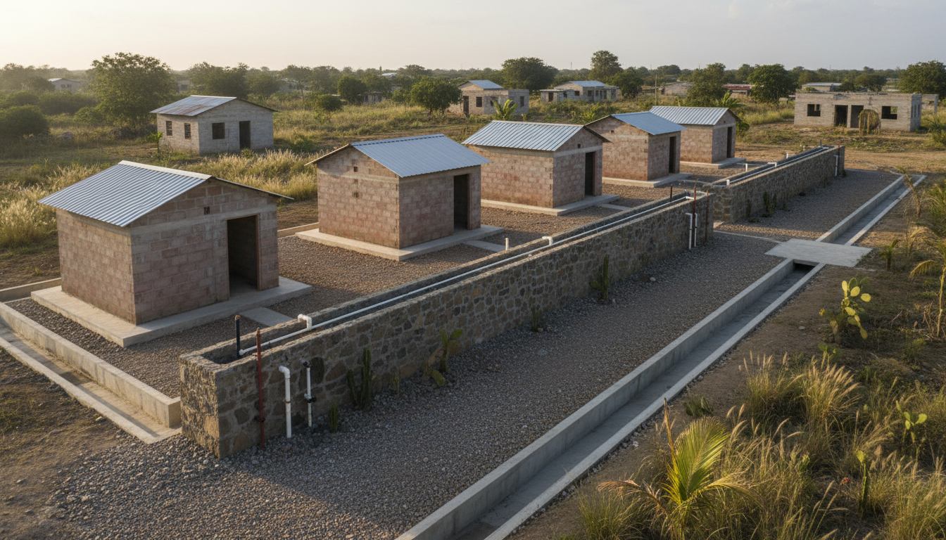 Cluster of modest Jamaican starter homes beside a continuous masonry service spine and shaded pedestrian path.