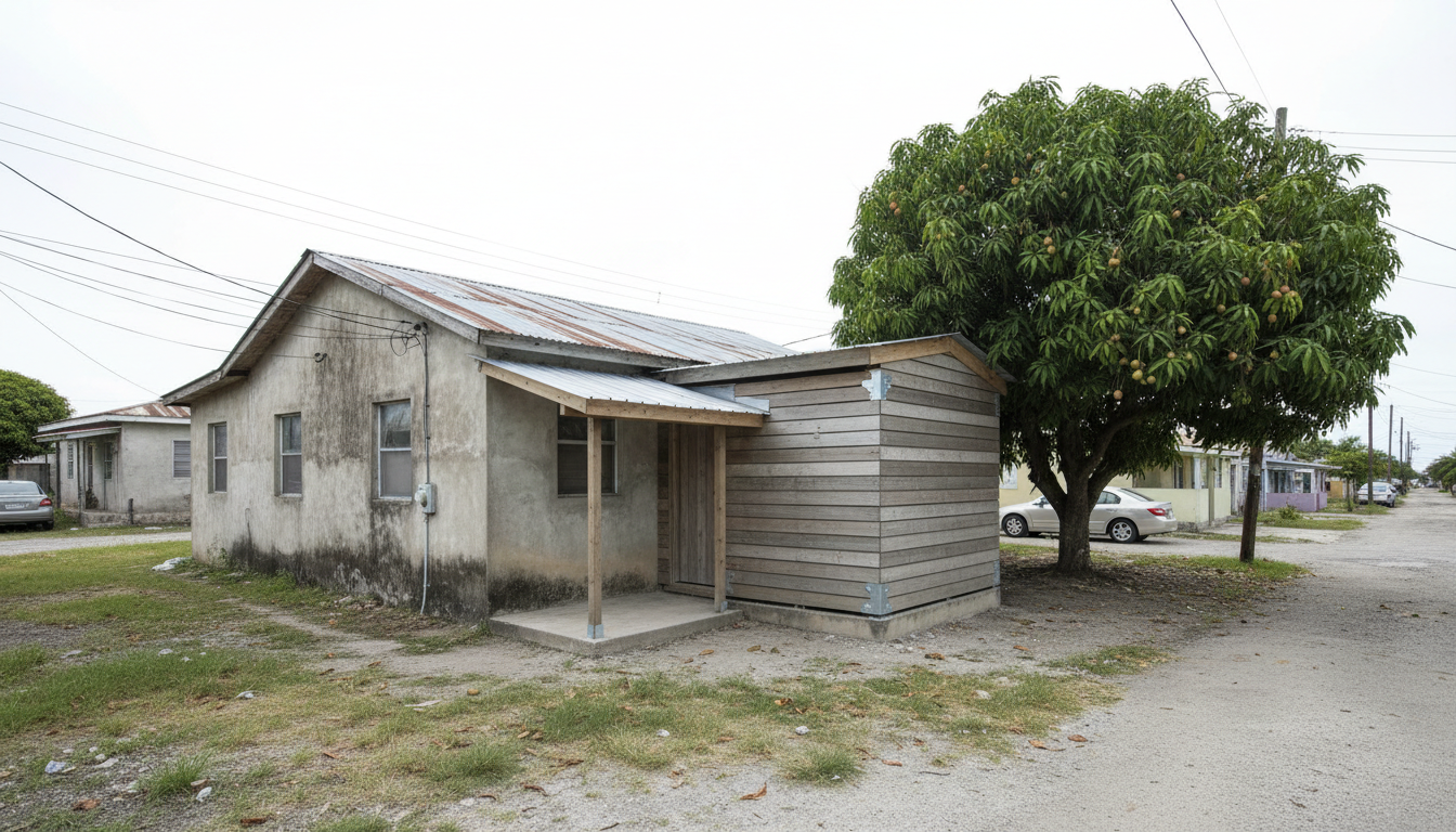 Modest Jamaican bungalow beside a prefabricated timber extension connected by a covered walkway.