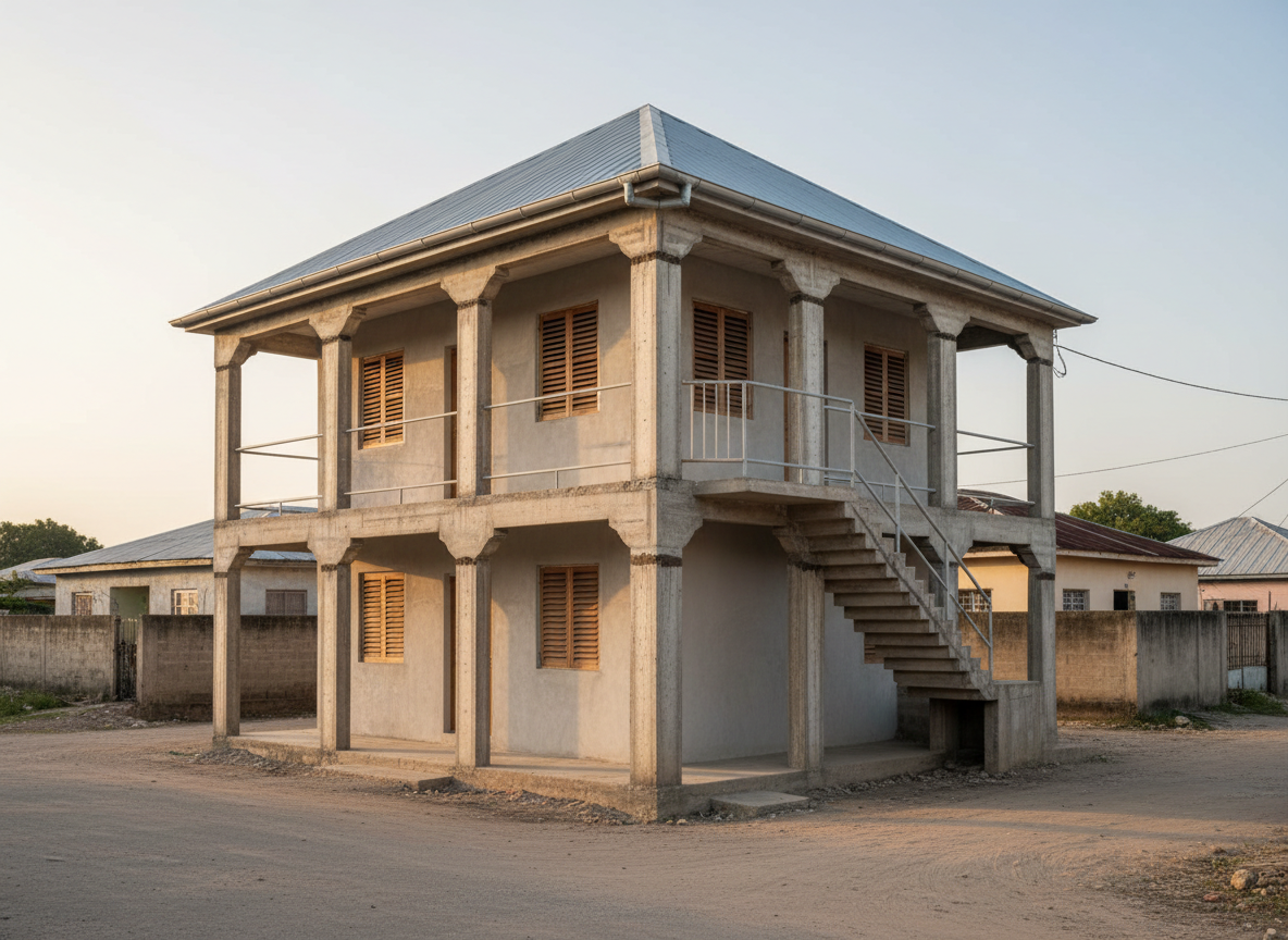 Modest two-storey Jamaican home built within a repaired existing concrete frame, with timber shutters and new steel stairs.