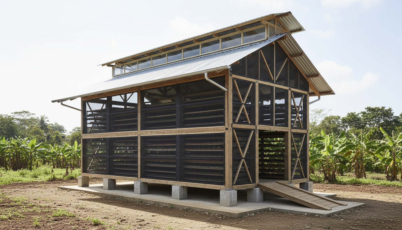Tall open-sided Jamaican agricultural drying barn with slatted timber racks and a ventilated monitor roof.