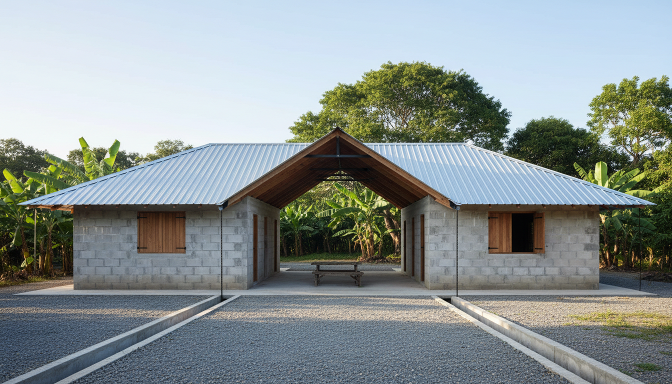 Two separate low Jamaican timber-and-masonry house wings joined by a generous open breezeway beneath one deep pitched metal roof.