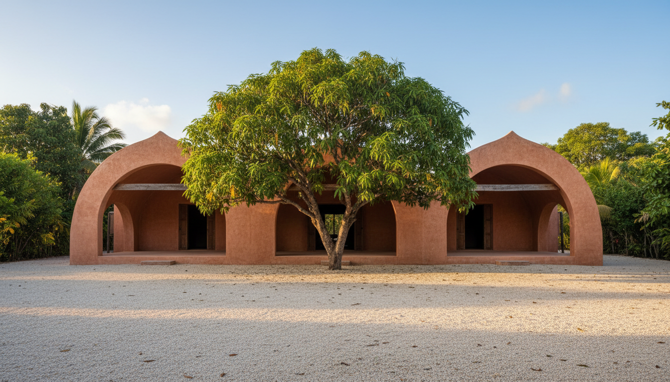 Three arched terracotta vaults shelter a modest Jamaican house.