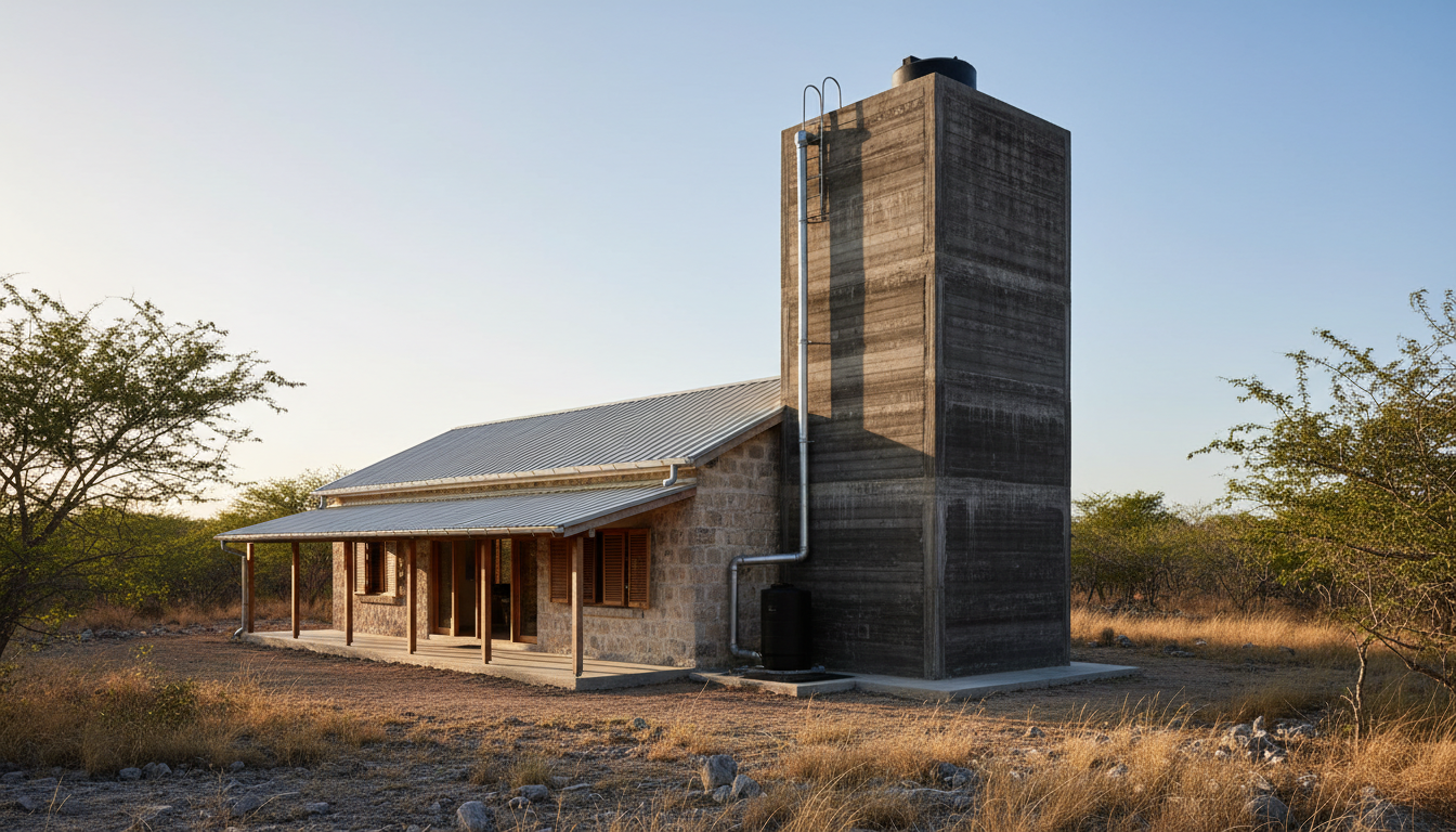 Compact Jamaican limestone house beside a tall concrete rainwater storage tower with visible roof collection pipes.