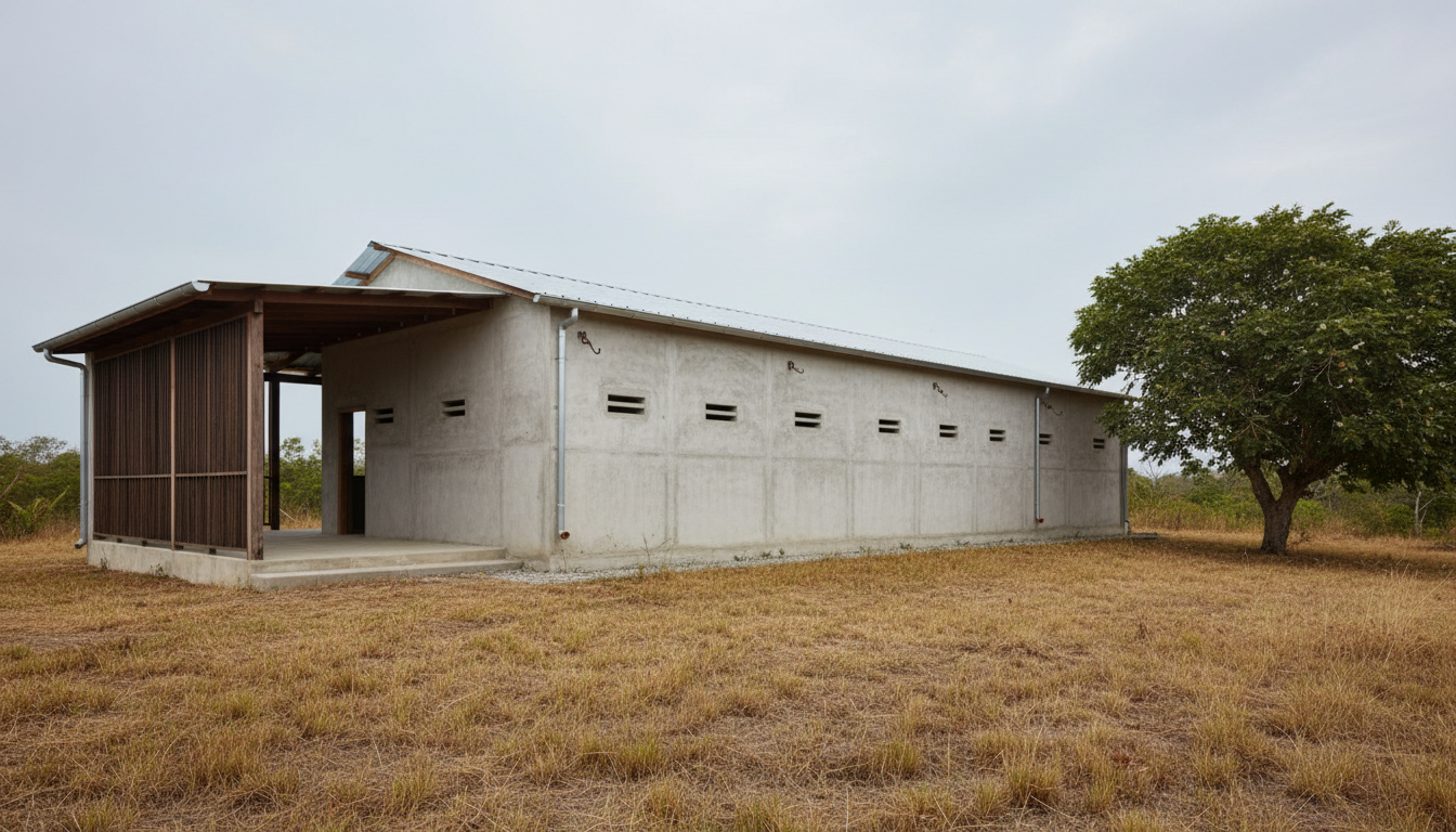 Low Jamaican house with a solid windward concrete wall and a shaded open veranda on the sheltered side.