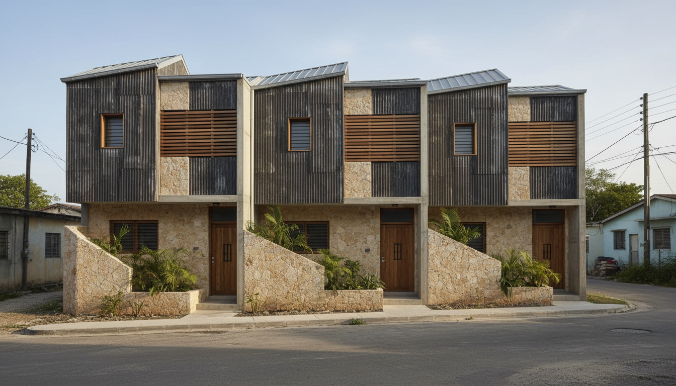 Three compact attached Jamaican homes arranged in a zigzag street-facing plan with alternating shaded pocket courtyards and sturdy metal roofs.