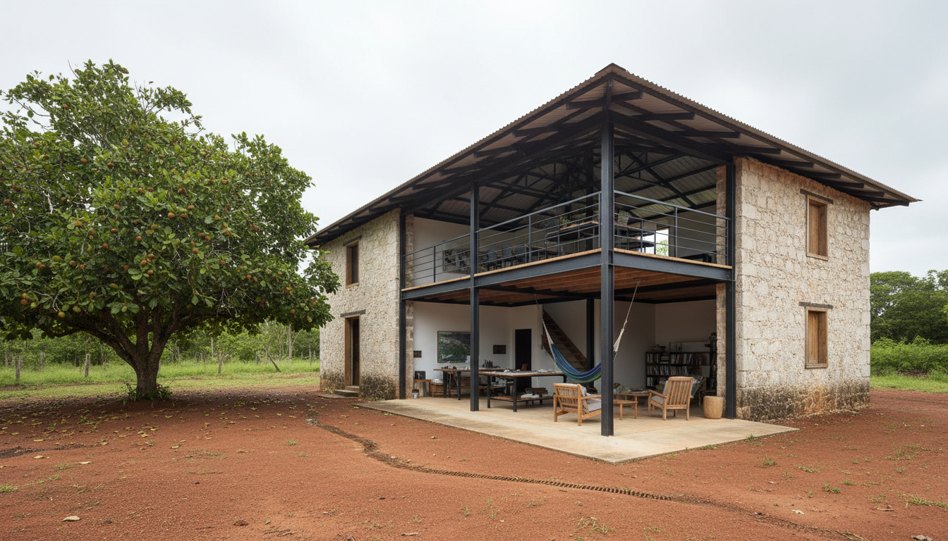 Restored Jamaican stone sugar shed with a contemporary steel and timber interior framed by a wide open doorway.