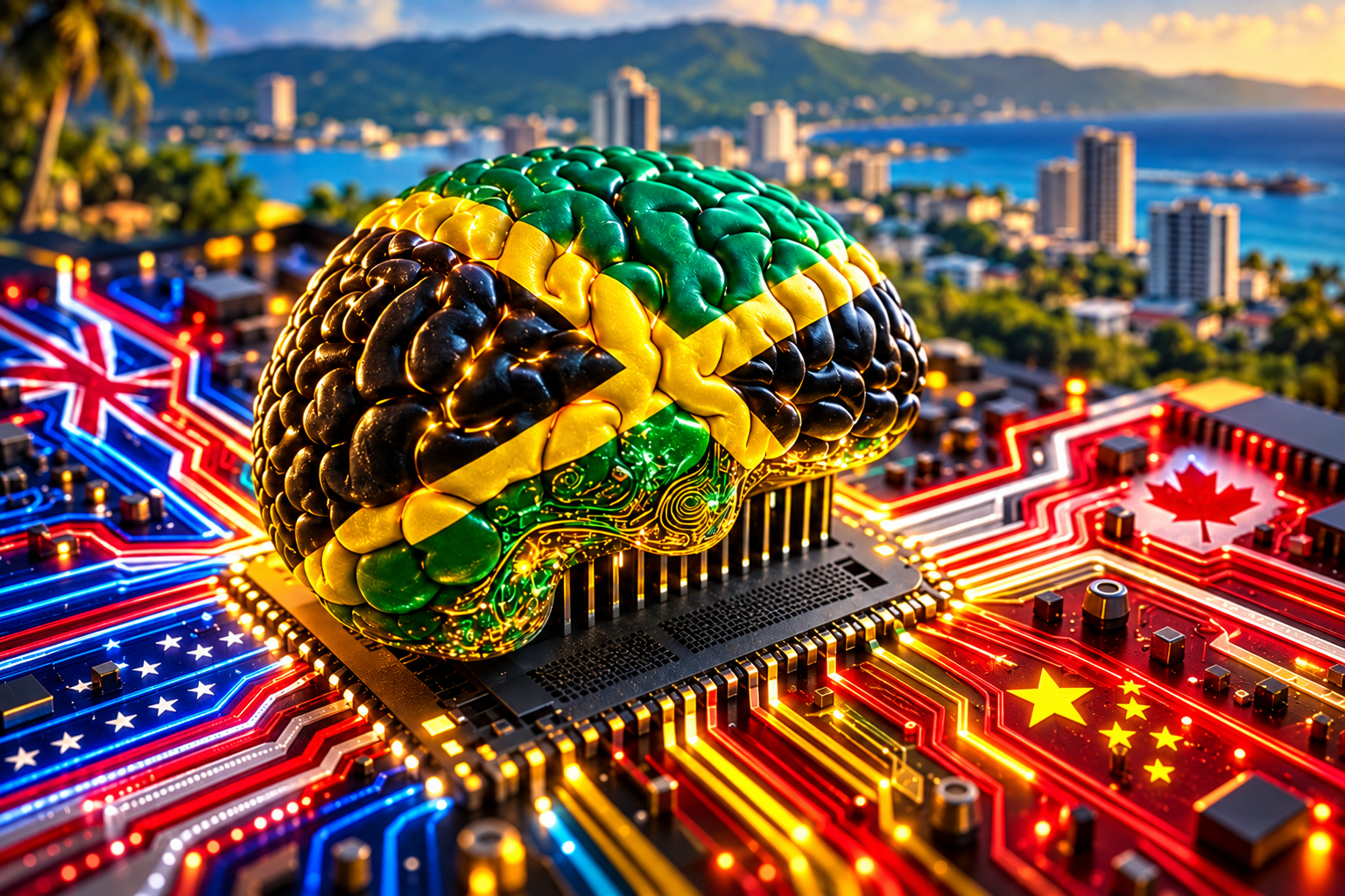 A fusion of Jamaica’s identity with the technological powerhouses of the United Kingdom, United States, Canada and China, symbolising how artificial intelligence is connecting global innovation with the future of Jamaica’s real estate industry.