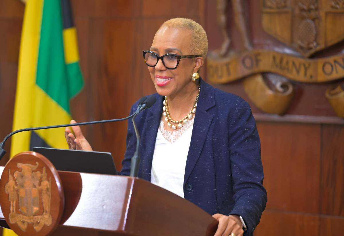 Finance Minister Fayval Williams addresses the post-Cabinet press briefing at Jamaica House on 10 June 2026