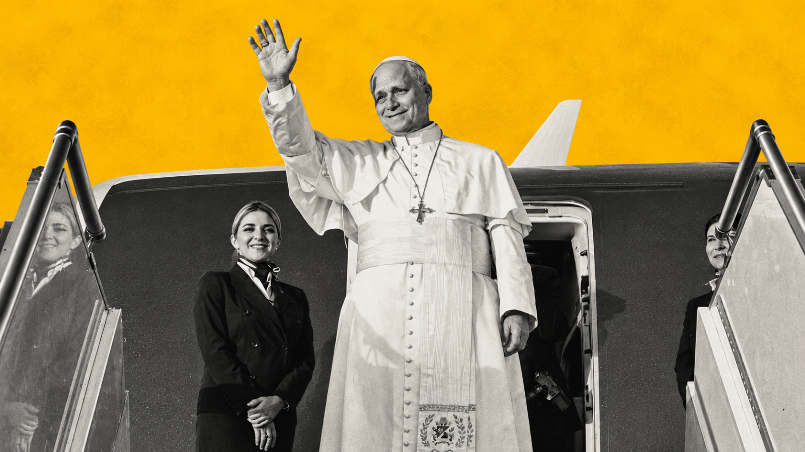 Pope Leo XIV waves from the steps of an aircraft, reimagined in Jamaica Homes News’ signature yellow and grey editorial style. The high contrast treatment places the pontiff and airline crew in monochrome against a bold yellow sky, creating a clean, contemporary news image suited to coverage of his travels, Vatican affairs and international faith stories.