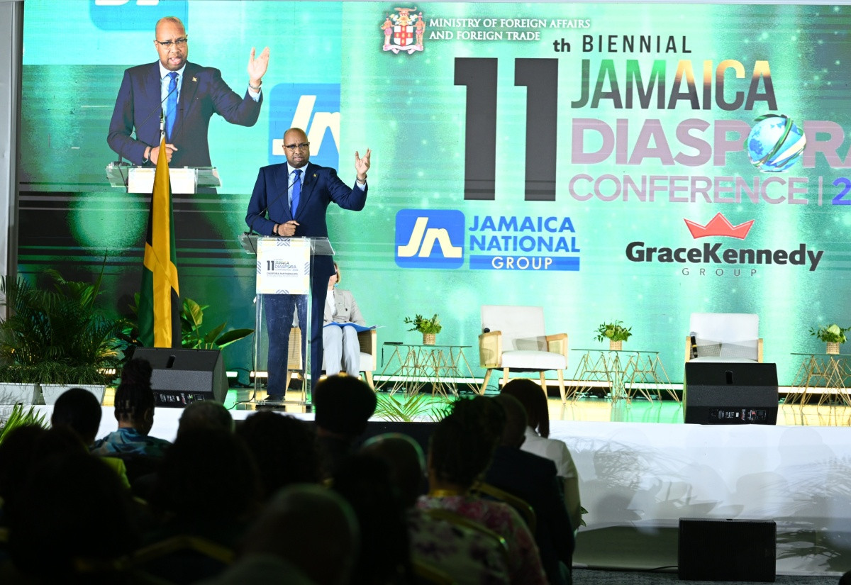 State Minister Delano Seiveright addressing a plenary session at the 11th Biennial Jamaica Diaspora Conference in Montego Bay, 15 June 2026