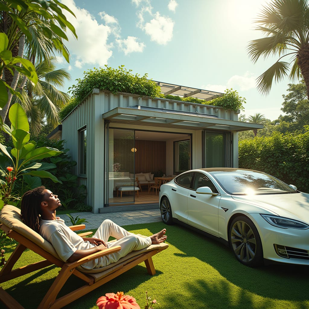 A modern, single-story container home in Kingston, Jamaica, with a corrugated metal façade and large windows, set amidst a lush, vibrant tropical garden filled with heliconia, hibiscus, and palm trees. The garden's lush greenery spills over onto the green roof, where solar panels blend seamlessly into the design. A sleek, white, modern electric car, a Tesla Model S, is parked nearby, its glass roof reflecting the sun's warm rays. A mixed-race man with dreadlocks, wearing a relaxed-fit linen shirt and linen pants, sits in a weathered wooden lounge chair, eyes closed, basking in the serenity of the garden oasis. The bright sunny day casts a warm glow, with vibrant colors and soft shadows, evoking the laid-back, Caribbean charm of the island. Influenced by the cinematic styles of Emmanuel Lubezki and Roger Deakins, with a dash of digital artist Ash Thorp's futuristic realism, this image is a tranquil, atmospheric masterpiece, reminiscent of a live-action film still, shot on 35mm film with a V-Raptor XL camera, and post-processed to perfection, complete with film grain, vignette, and color grading.