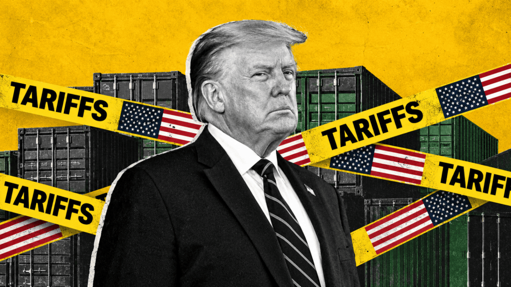 AI-generated editorial illustration showing Donald Trump against shipping containers and tariff warning tape.